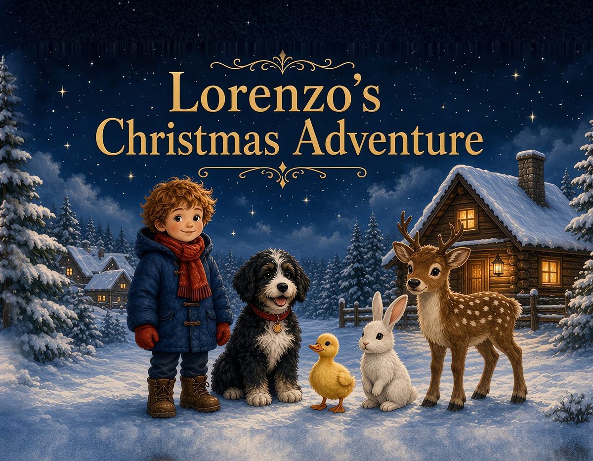 Cover of Lorenzo's Christmas Adventure: a boy, his puppy, a duckling, a bunny and a fawn in a snowy village
