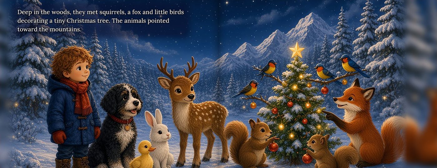 A two-page spread from Lorenzo's Christmas Adventure: Lorenzo, his puppy and forest animals decorating a tiny Christmas tree